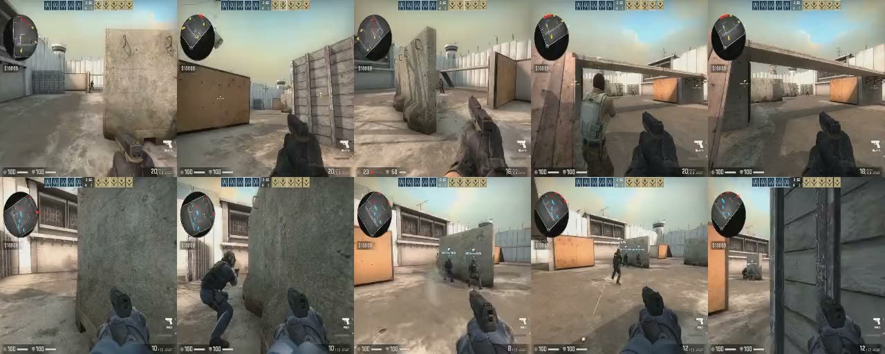 Ten first-person views of the same Counter-Strike round, five Terrorists over five Counter-Terrorists